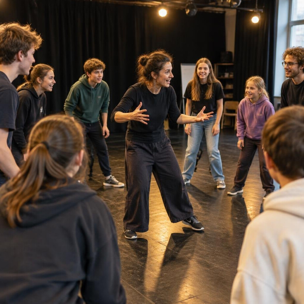 Group of diverse students in an improvisation theatre workshop